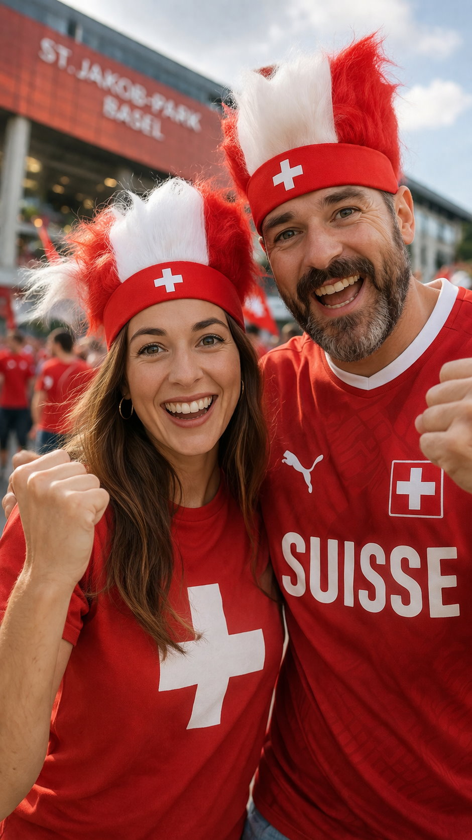 🇨🇭 Schweiz Fan-Stirnband Rot-Weiss mit Schweizer Kreuz und Haaraufsatz für Erwachsene