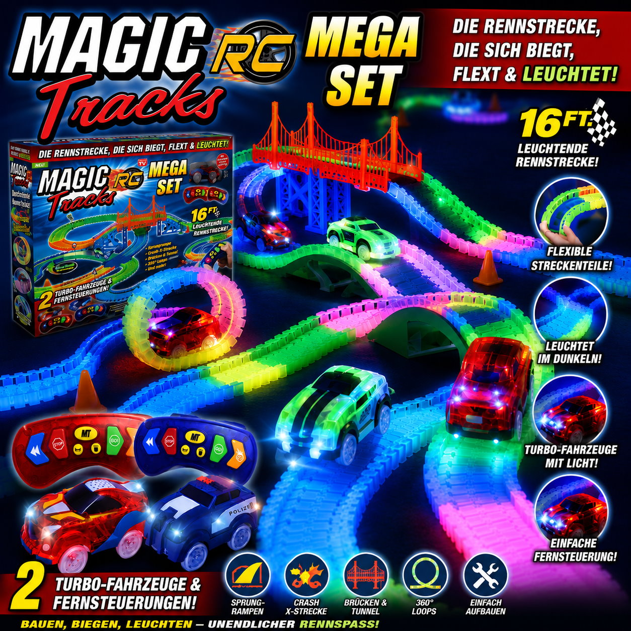 Magic Tracks RC Mega Set leuchtende Rennbahn mit 2 RC Autos und Fernsteuerung Neu