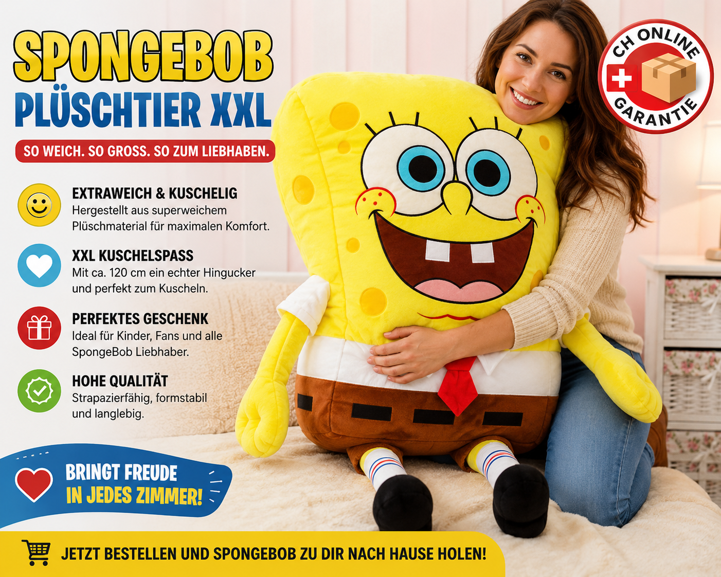 SpongeBob Schwammkopf XXL Kuscheltier 120 cm Riesen Plüschtier Stofftier für Kinder Fans und Sammler