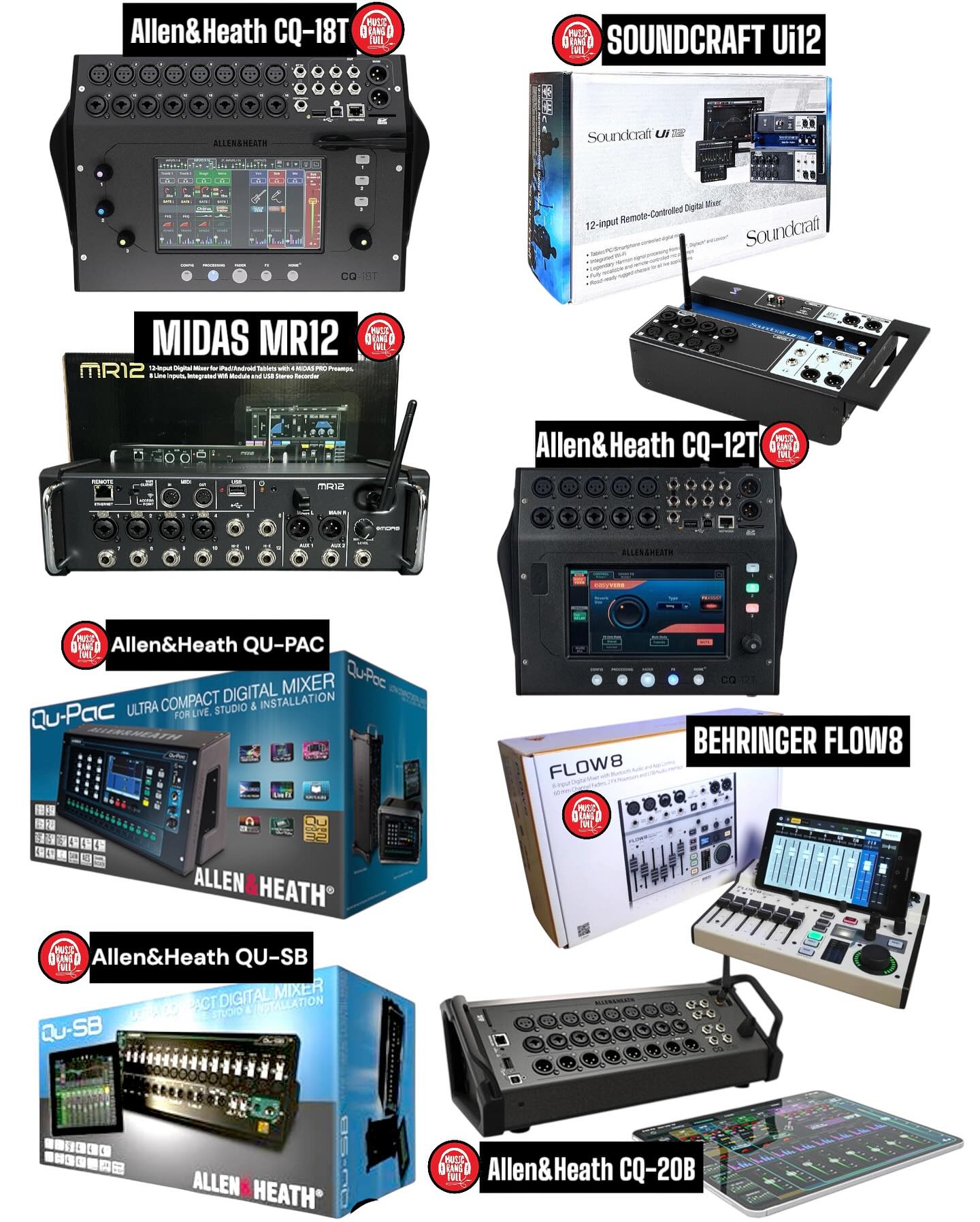 Behringer X32, Midas M32 LIVE, Yamaha MGX, Soundcraft Ui24R, PreSonus StudioLive 32SC, Allen & Heath CQ-18T,